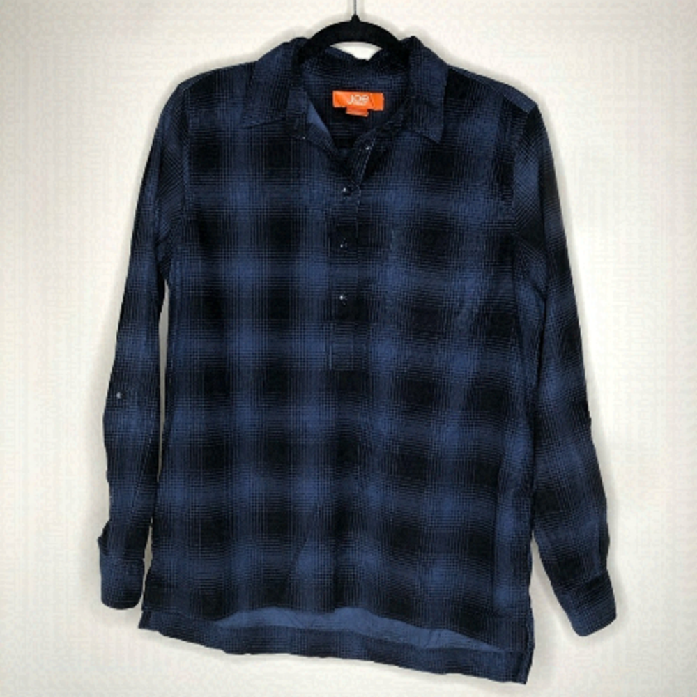 𝅺joe Fresh Blue & Black Fine Corduroy Plaid Pocket Button-up Farm Shirt Top